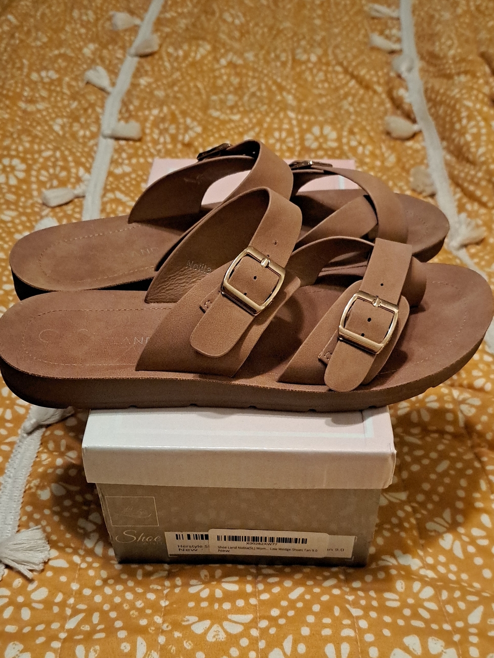 SHOE LAND Nolita Low Wedge Sandals - Tan